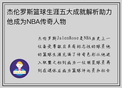 杰伦罗斯篮球生涯五大成就解析助力他成为NBA传奇人物